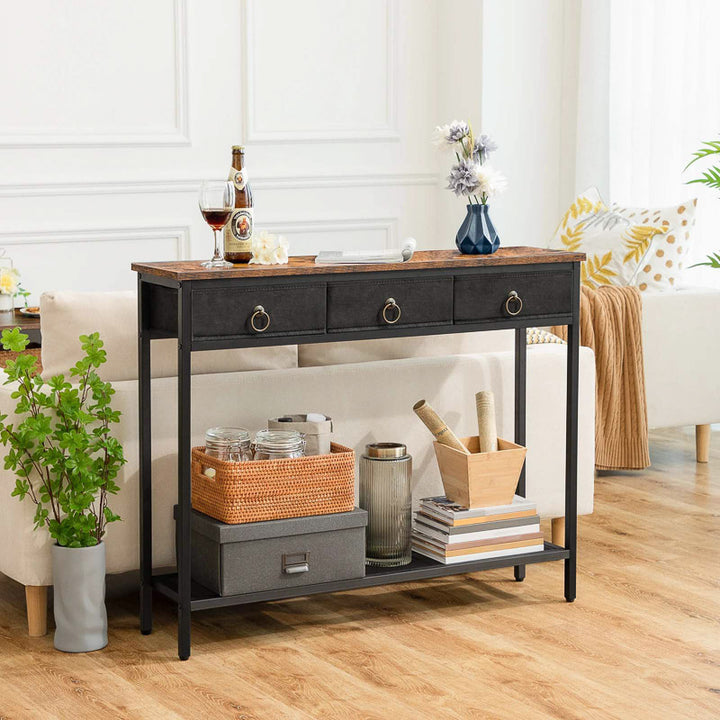 Console table with decorative items in a living room setting