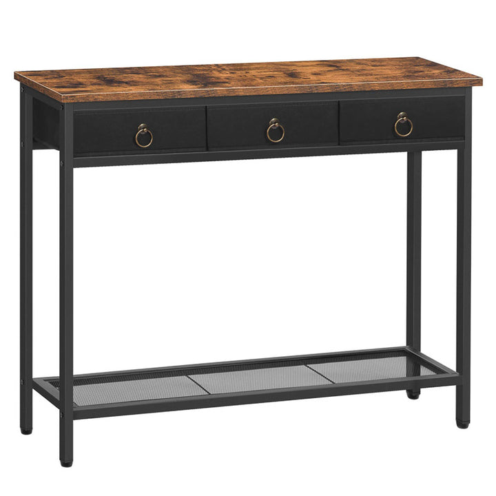 Console table with wooden top and black base on a white background