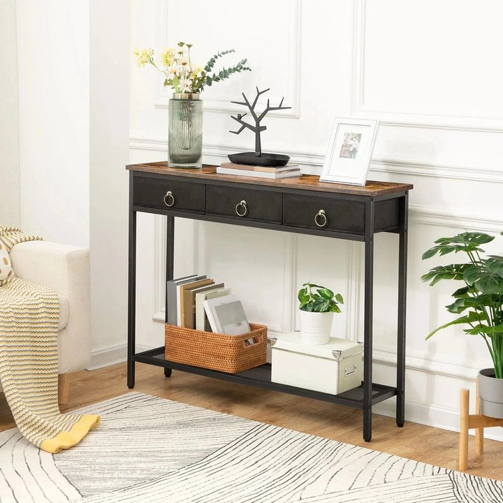 Console table with decorative items in a living room setting
