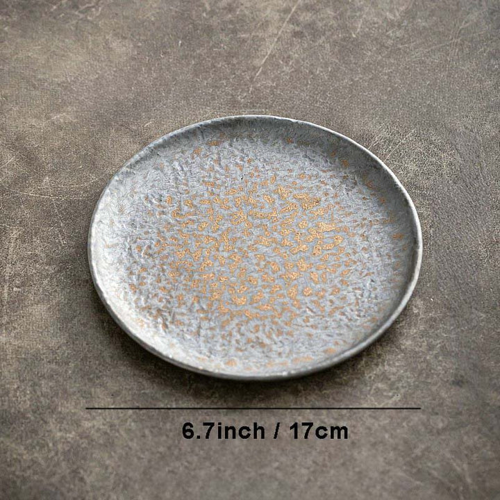 Single 17 cm rustic stoneware shallow ceramic serving plate, grey speckled finish