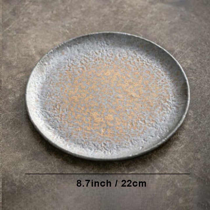 Single 22 cm rustic stoneware shallow ceramic serving plate, grey speckled finish