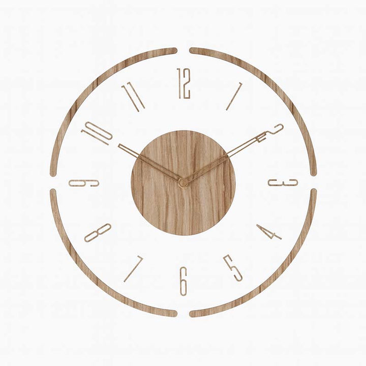 Wooden wall clock with Roman numerals on a white background