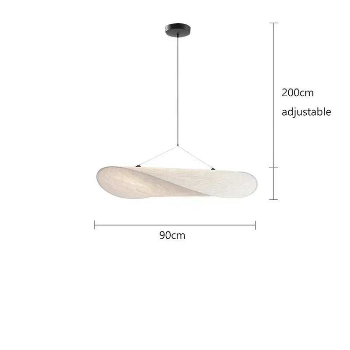 Medium silk pendant light in organic form, 90cm length, suspended from ceiling.