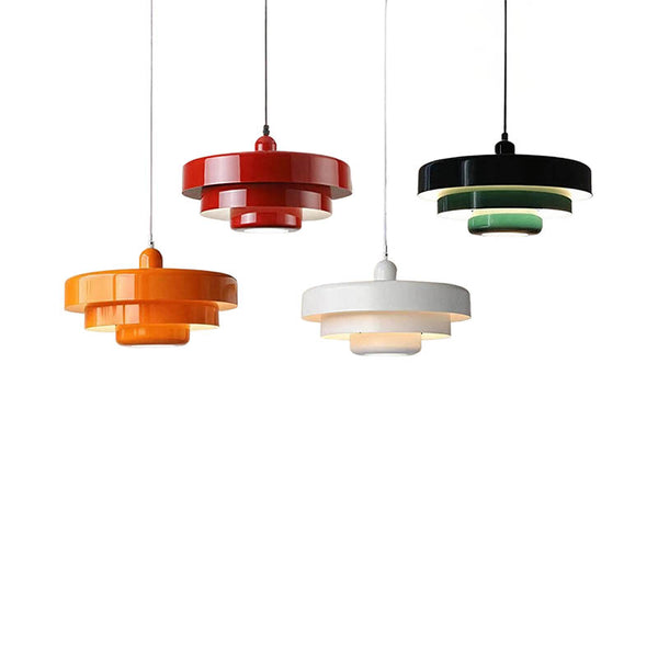 Modern tiered pendant lamps in red, orange, white, and black-green, metal finish, Nordic Essentials lighting for dining rooms