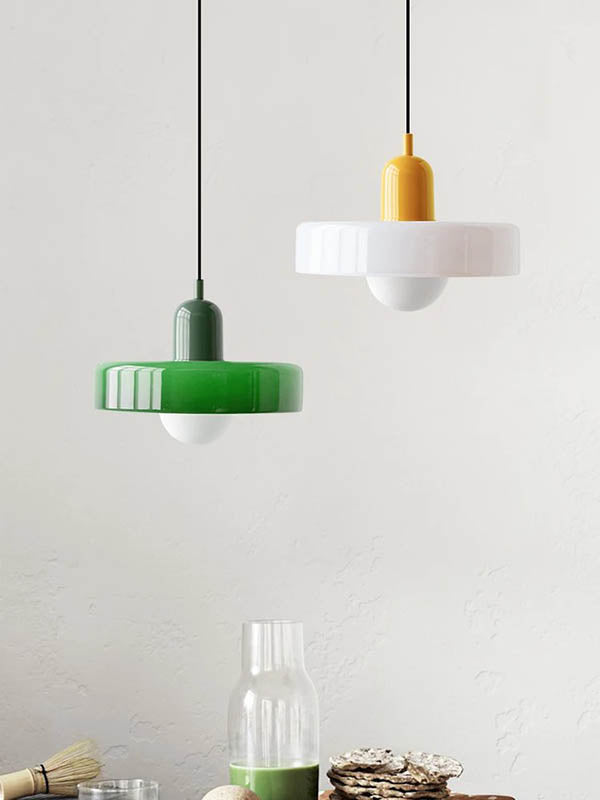Green and white LED glass pendant lights with glossy finish, Scandinavian ceiling lighting for UK home decor