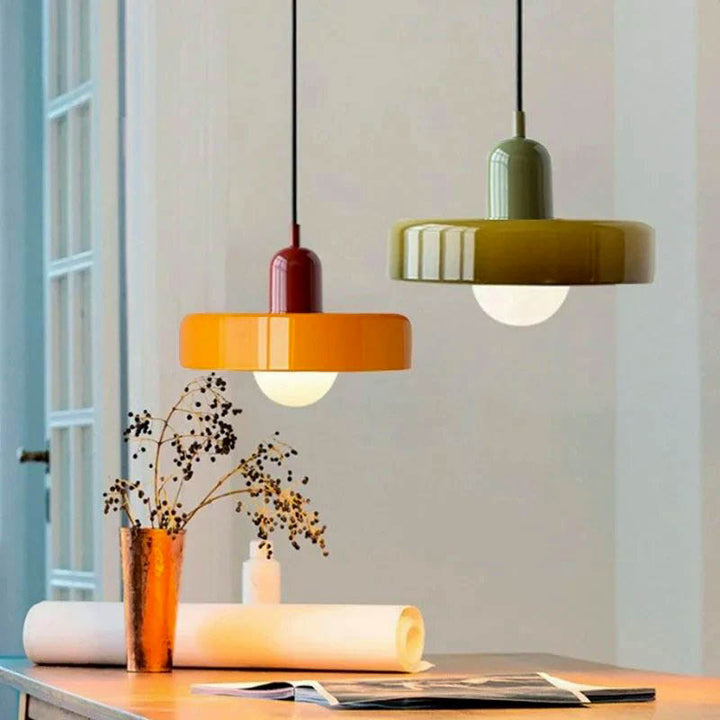 Contemporary Nordic hanging light in candy-coloured glass, suitable for UK living rooms or stylish home offices. 