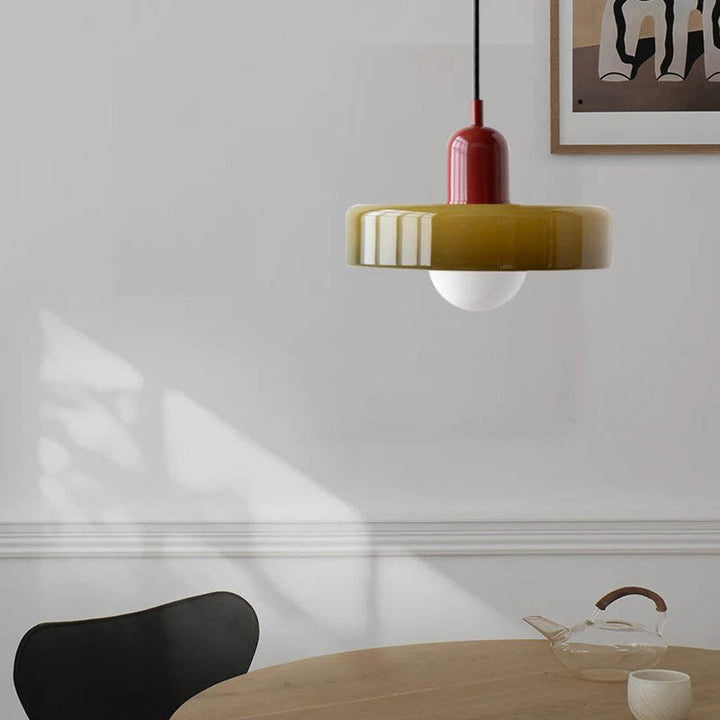 Modern Nordic pendant light with glass shade in green tea and wine red, ideal for kitchen or dining room lighting.