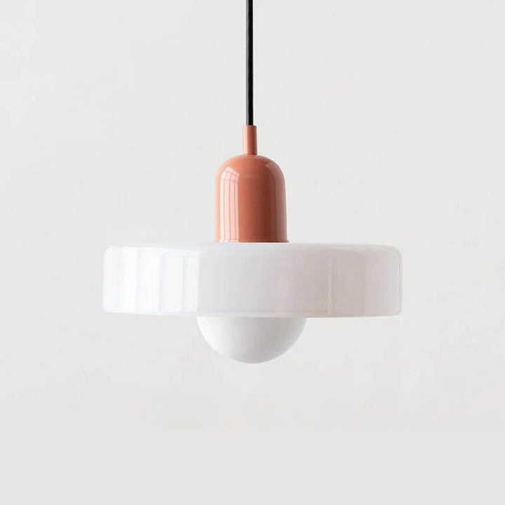 Sleek LED glass pendant lamp in white and terracotta, perfect for minimalist or Scandinavian-style interiors.
