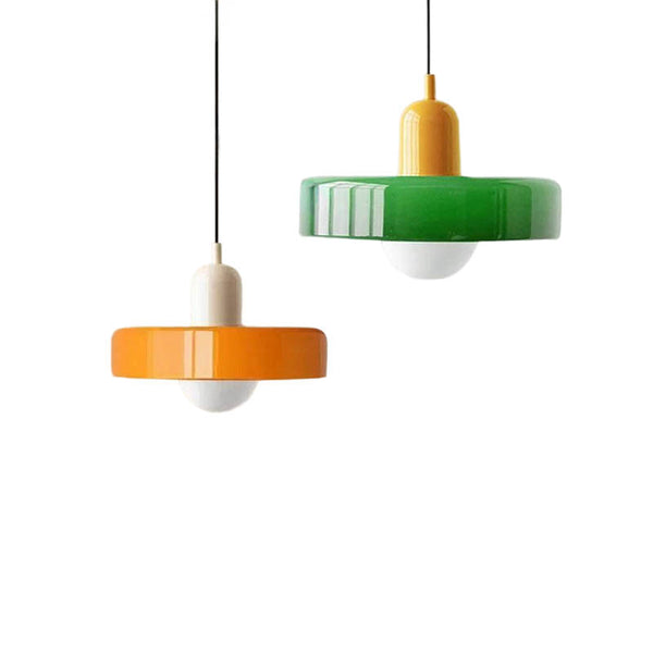 SLIK Nordic pendant lights with glossy orange and green LED glass shades—modern ceiling lighting for dining or kitchens.