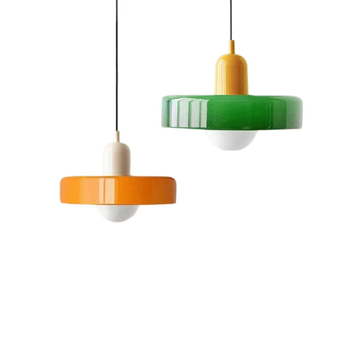 SLIK Nordic pendant lights with glossy orange and green LED glass shades—modern ceiling lighting for dining or kitchens.