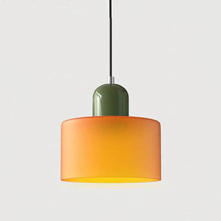 Nordic modern glass pendant light with green top and orange lampshade for dining room or kitchen island