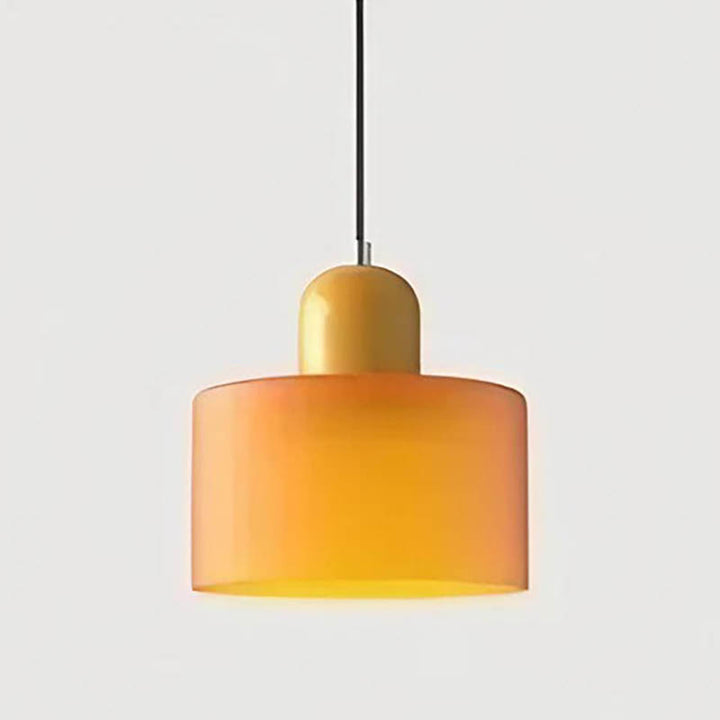Scandinavian style glass chandelier light featuring yellow top and orange shade for contemporary home decor