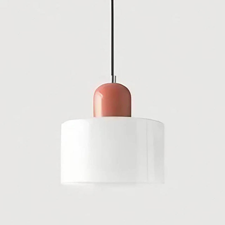 Modern Nordic glass hanging light with pink top and white lampshade for bedroom or cozy interior spaces