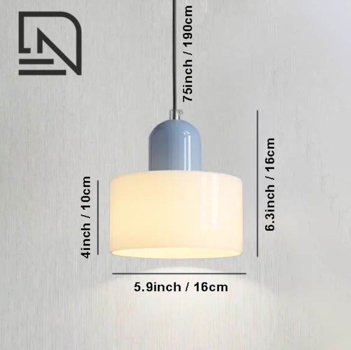 Measurement diagram of Nordic pendant lamp in blue and cream glass, showing 5.9 inch / 16 cm diameter and 7.8 inch / 20 cm height.