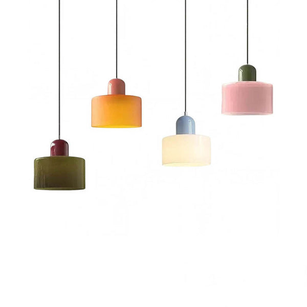 Set of five colourful Nordic glass pendant lights in green, orange, blue, pink, and yellow tones, modern minimalist design.