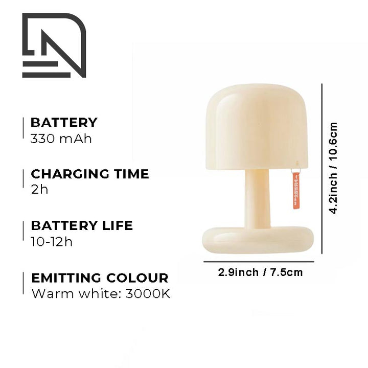 Product spec sheet for rechargeable mushroom lamp with Type-C charging and 10–12 hour battery life.