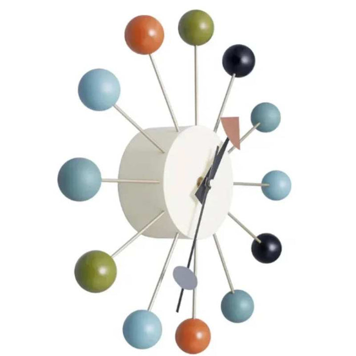 Scandinavian wall clock in white with colourful ball markers and black hands for minimalist décor