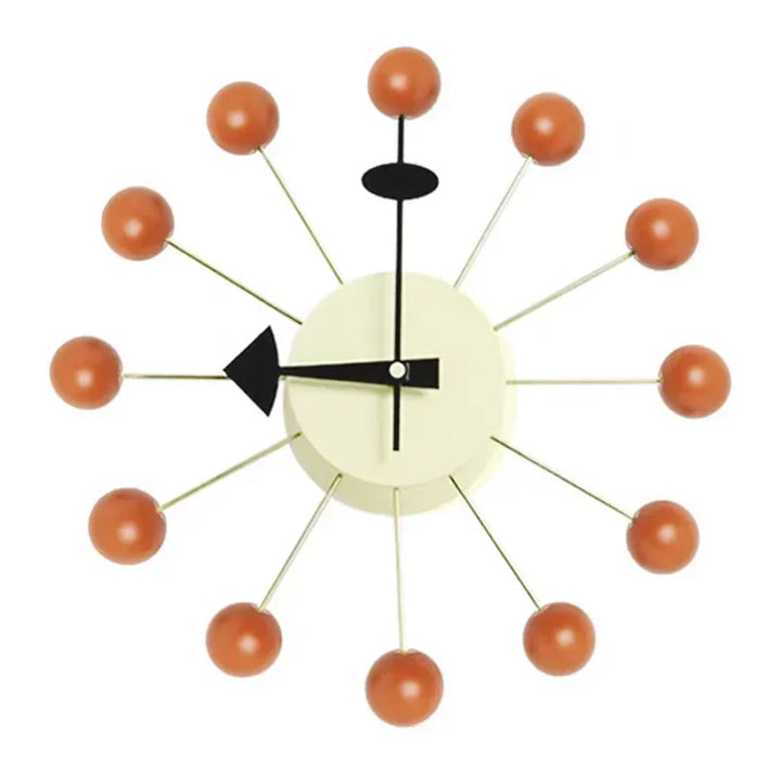 Silent Nordic wall clock with orange ball accents and white circular metal frame