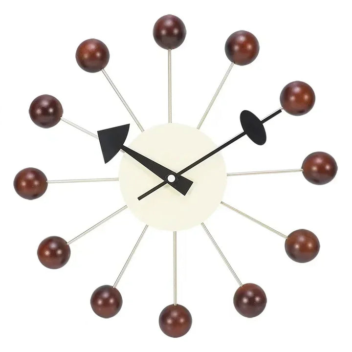 Nordic wall clock with dark brown wooden ball markers and sleek black hands for minimalist style