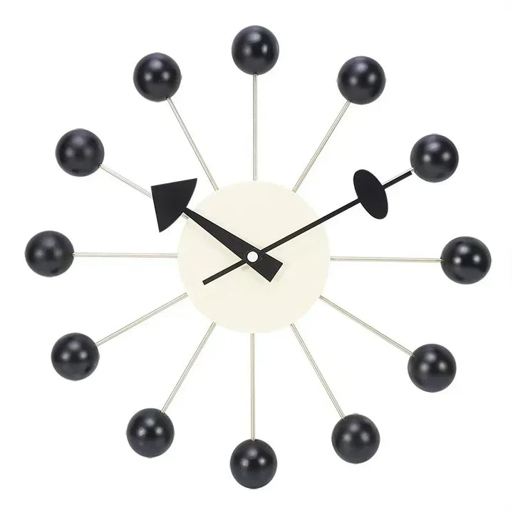 Modern silent wall clock with black wooden ball accents and 33 cm white circular frame
