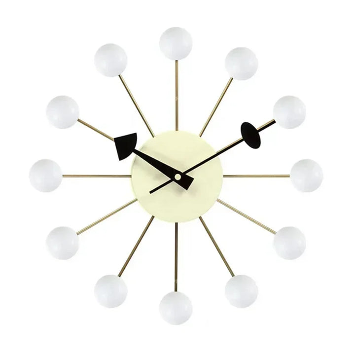 Modern silent wall clock with white ball markers and 33 cm round frame for minimalist décor