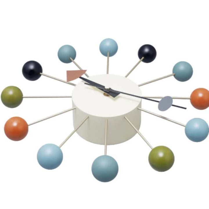 Side view of modern silent wall clock featuring 33 cm metal body and multicolour wooden spheres
