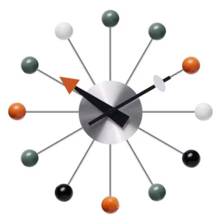 Minimalist Scandinavian wall clock with silver round frame and multicolour ball markers