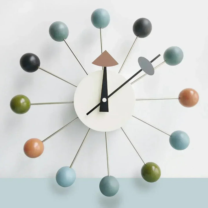 Modern Nordic silent wall clock with multicolour wooden ball accents and 33 cm round metal frame