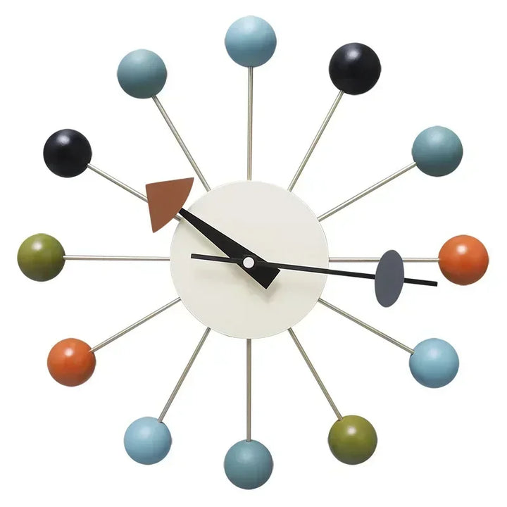 Colourful Nordic wall clock with multicolour wooden spheres and black hands for modern homes