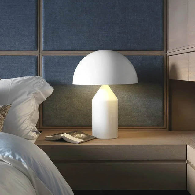 Soft white SVAMPS LED table lamp in Japandi-style bedroom, ideal for minimalist nightstands.