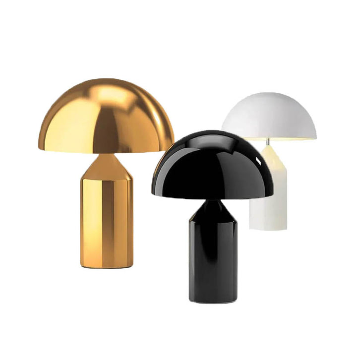 SVAMPS mushroom LED table lamps in gold, black, and white aluminium finishes—modern Nordic design for bedside or desk lighting.