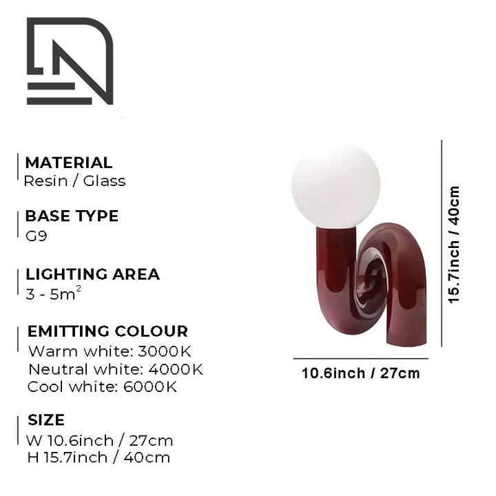 Product specs diagram showing Scandi LED Table Lamp in navy, with resin and glass materials, warm 3000K light, and 10–15㎡ range.