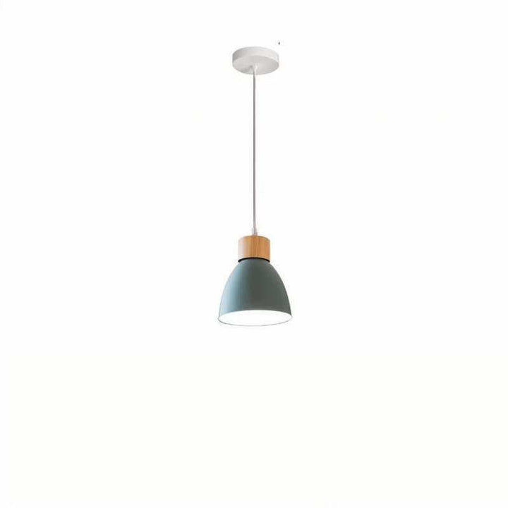 Single dark green pendant light with wood accent and ceiling mount