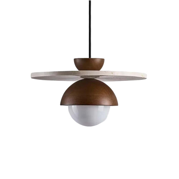 Modern pendant light with wooden and metallic design on a white background