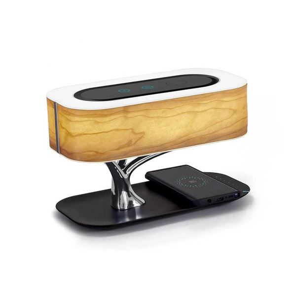 Cherry wood LED bedside lamp with dimmable light, built-in Bluetooth speaker, and wireless charging pad, ideal for bedside tables and desks.