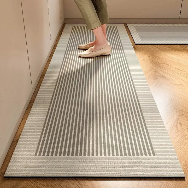 Beige nordic kitchen floor mat with strip pattern, anti-slip and washable, for uk Nordic-style interiors