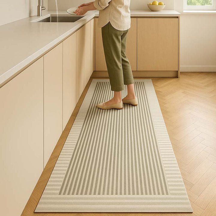 Beige nordic kitchen floor mat with strip pattern, anti-slip and washable, for modern uk Nordic-style interiors