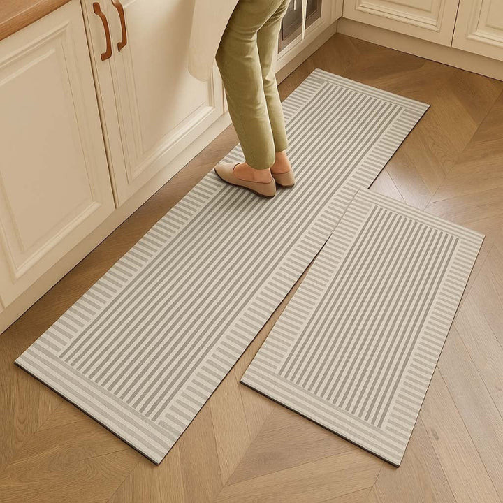 Beige nordic kitchen floor mat with strip pattern, anti-slip and washable, for modern uk interiors