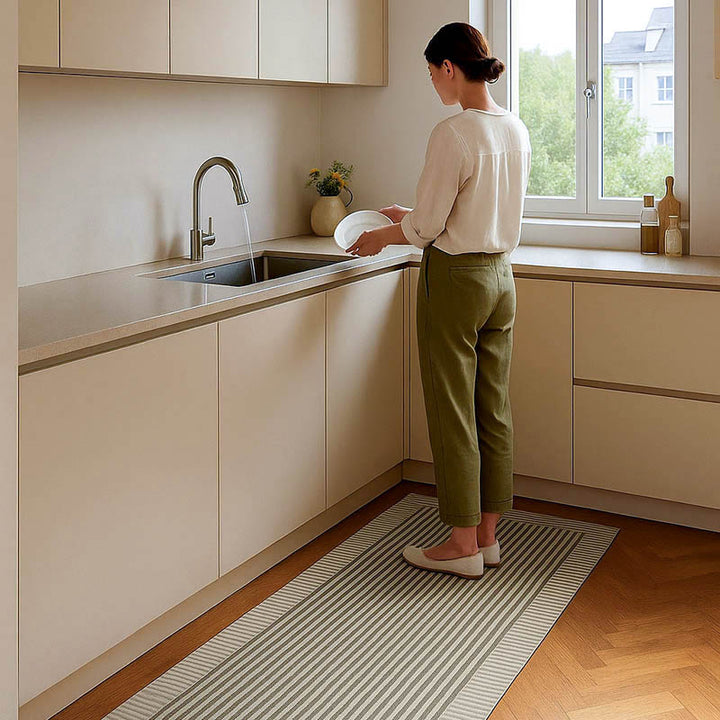 Scandinavian kitchen mat with striped pattern, non-slip and quick-dry diatomite design for clean modern spaces