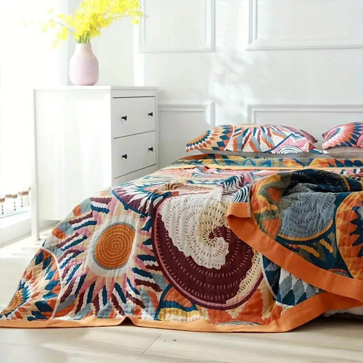 Nordic cotton throw blanket, soft woven comfort, colorful abstract pattern on bed, UK