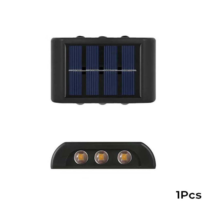 Solar LED wall light shown in 1-pack variant—weatherproof design for modern outdoor use.