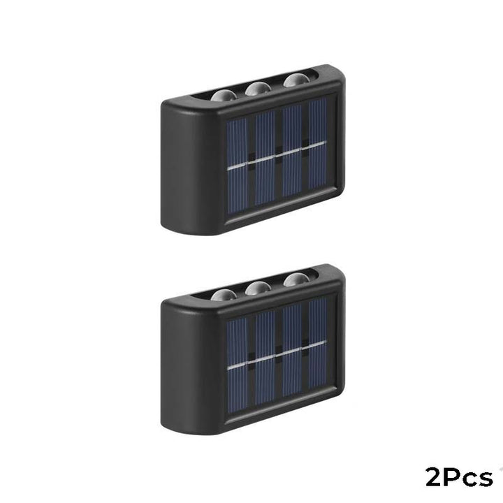 Solar LED wall light shown in2-pack variant—weatherproof design for modern UK outdoor use.