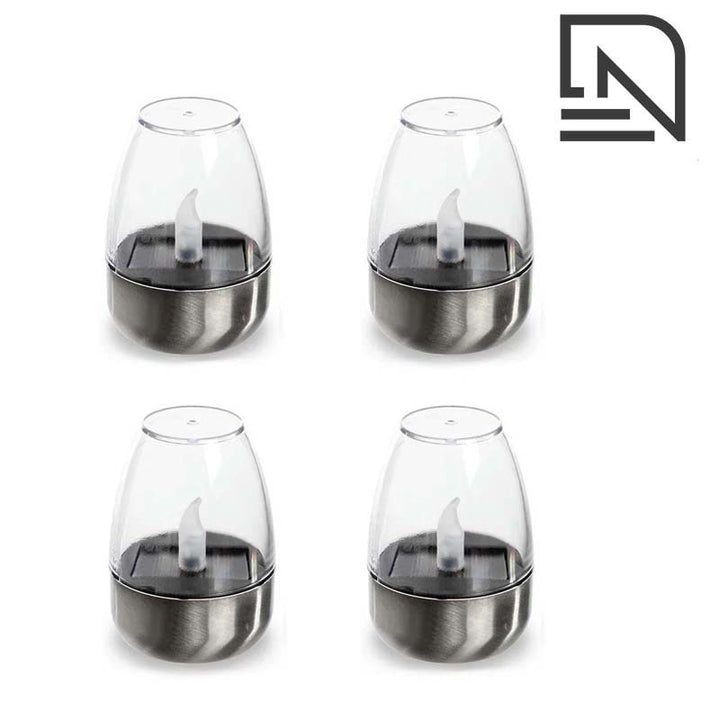 Set of four solar LED candle lights with stainless steel bases, ideal for garden paths or patio tables.