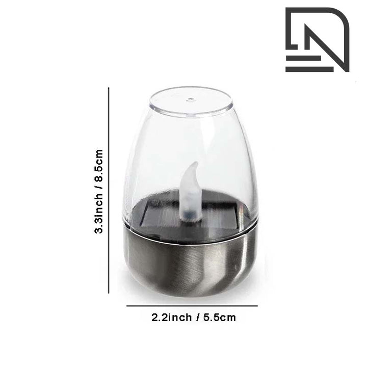Dimensions of solar LED candle light – 3.35 inch / 8.5 cm height – compact waterproof outdoor lighting solution.