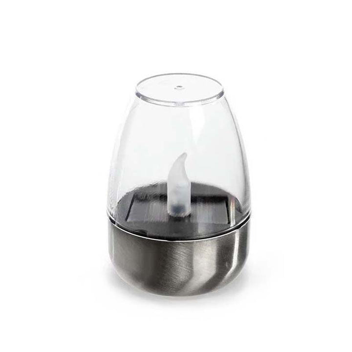 Solar-powered LED candle light with stainless steel base and clear dome cover, compact and waterproof for outdoor use.