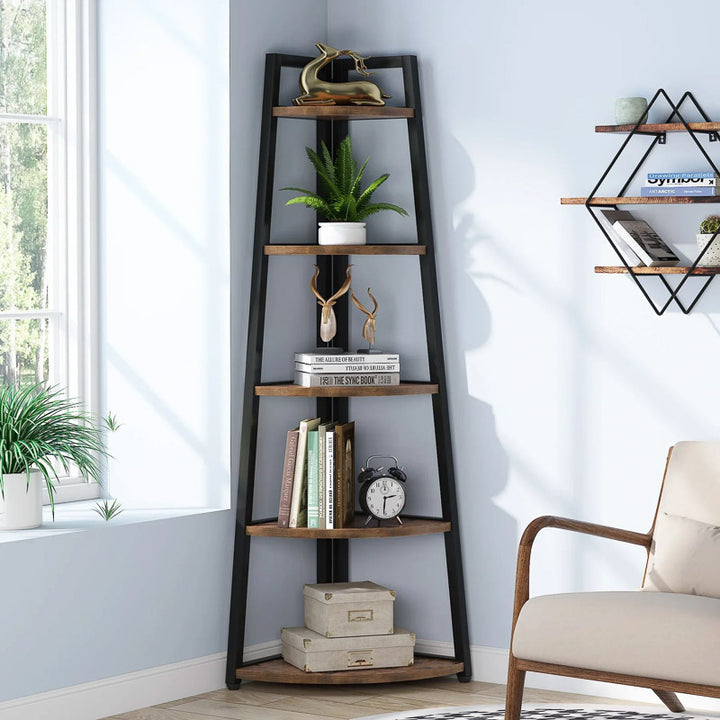 Tall black and wooden shelf with decorative items in a room with a chair and window.