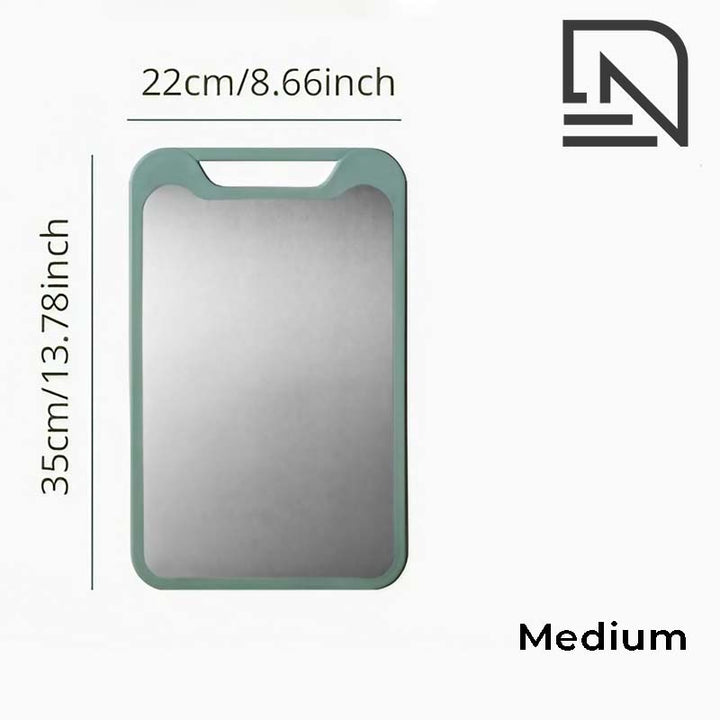 Rectangular Rectangular stainless steel cutting board with dimensions labeled on a white background