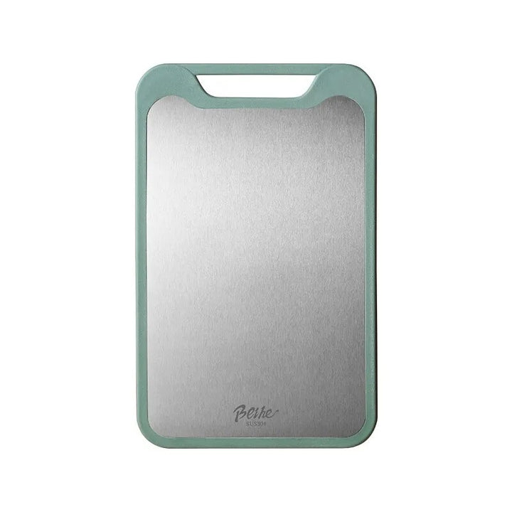 Rectangular Stainless-Steel chopping board with green rim on a white background