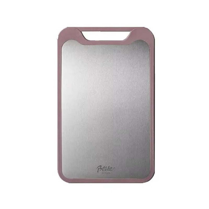 Rectangular Stainless-Steel chopping board with pink frame on a white background
