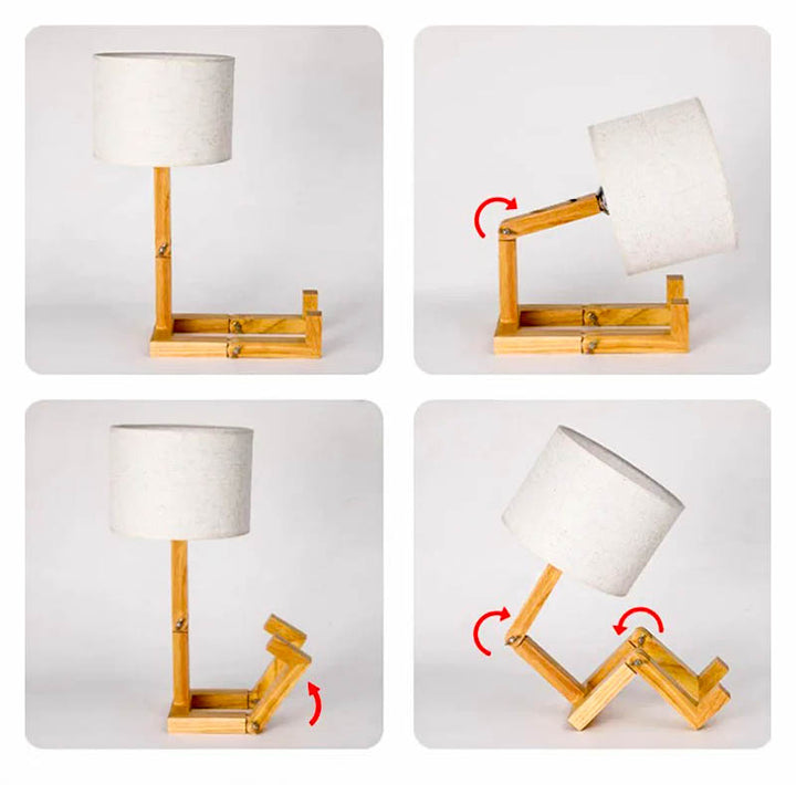 Four views of TRAEMAN wooden creative table lamp showing adjustable positions, versatile home decor